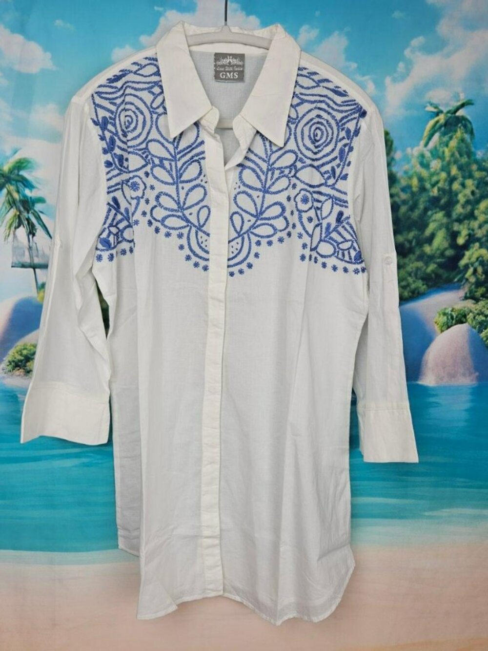 Embroidered Cotton White Button Up Blouse Shirt Womens L Cotton India Natural